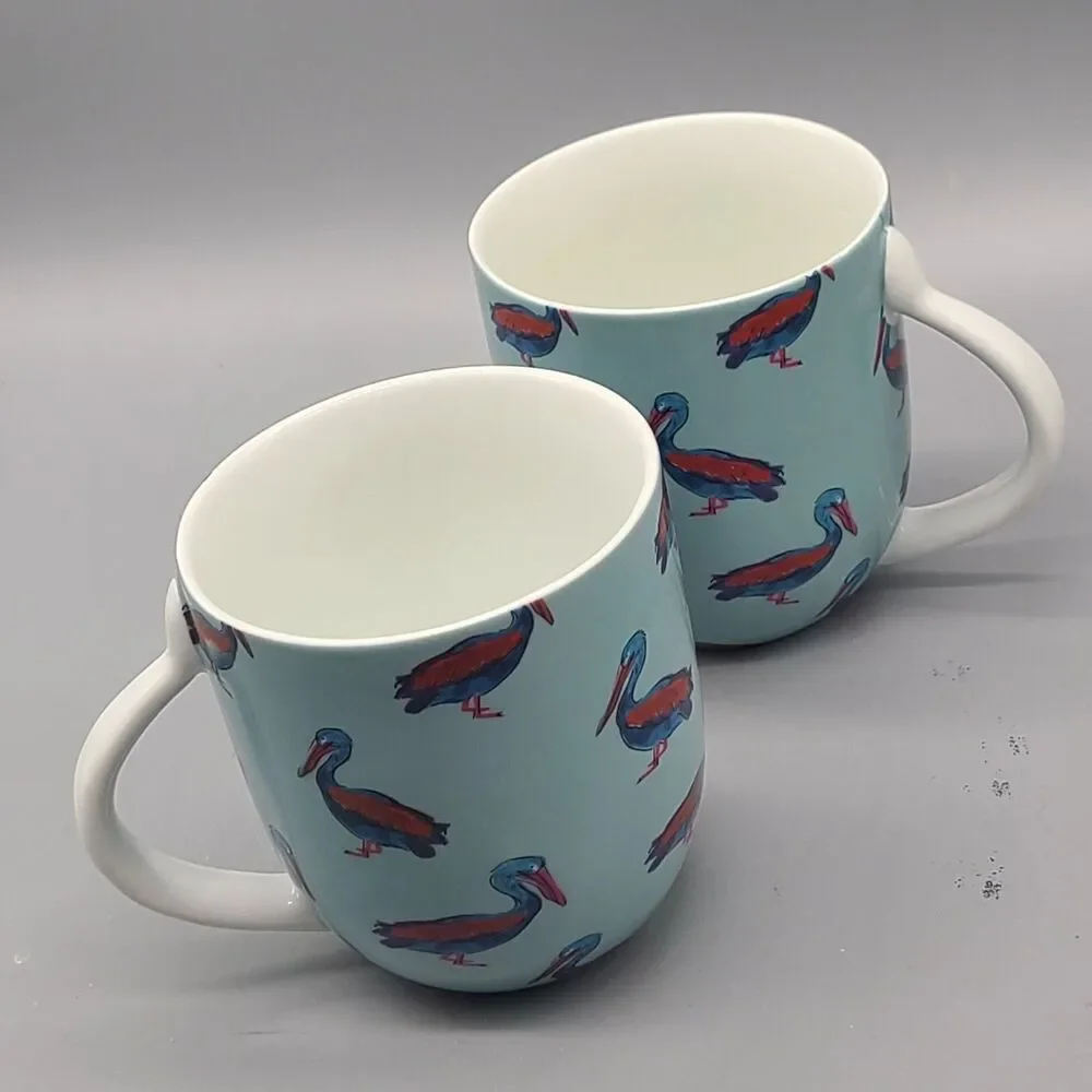 Set (2) Fabienne Chapot Pelican Ceramic Coffee Mugs Cups 14 oz Netherlands New